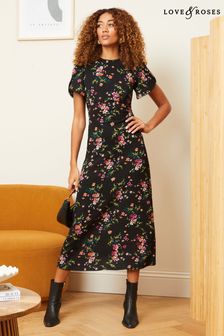 Love & Roses Black Floral Petite Tulip Sleeve Jersey Floral Midi Dress (Q77703) | AED277
