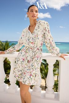 V&A | Love & Roses Ivory White Floral Petite Linen Blend V Neck Lace Trim Belted Mini Dress (Q77727) | 297 QAR