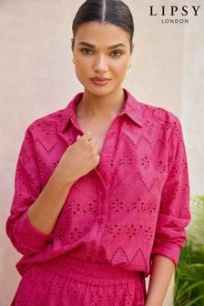 Lipsy Pink Broderie Petite Long Sleeve Summer Beach Shirt (Q77778) | KRW77,600