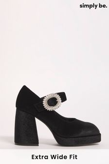 Simply Be Black Extra Wide Fit Platform Heeled Mary Jane Shoes With Diamanté Buckle (Q77792) | €24
