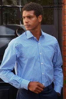 Savile Row Company Blue Gingham Check Single Cuff Formal Shirt (Q77793) | $80