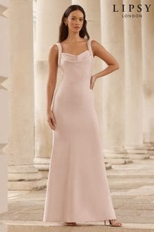 Lipsy Pink Petite Pearl Strap Cowl Maxi Bridesmaid Dress (Q78028) | $150