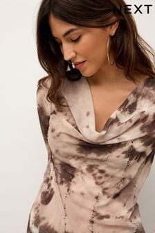 Brown Tie Dye Neutral Tie Dye Cowl Neck Sheer Embellished Blouse (Q78061) | AED152