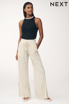 Neutral Linen Blend Shirred Waist Stripe Trousers (Q78087) | LEI 190