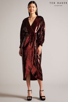 Ted Baker Red Emaleee Plunge Neck Sequin Midi Dress (Q78135) | €173