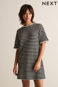 Black/White Mono Stripe Crochet Boxy T-Shirt Dress (Q78365) | kr464