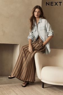 Brown Premium Ramie Blend Stripe Midi Skirt (Q78460) | $91