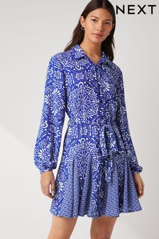 Blau/Weißer Kacheldruck - Mini-Hemdblusenkleid mit Gürtel (Q78575) | 42 €