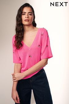 Bright Pink V-Neck Gem Button Linen T-Shirt (Q78780) | AED112