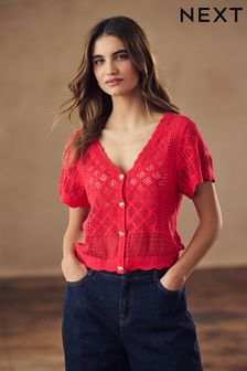 אדום - Short Sleeve Knitted Button Top (Q78800) | ‏120 ‏₪