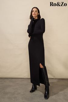 Ro&Zo Petite High Neck Split Leg Jersey Black Dress (Q79101) | kr1,155