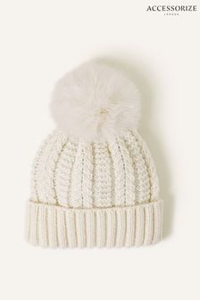 Accessorize Cream Faux Fur Pom-Pom Beanie Hat (Q79440) | HK$206