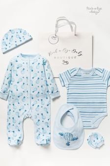 Rock-A-Bye Baby Boutique Blue Hot Air Balloon Printed Cotton 5-Piece Baby Gift Set