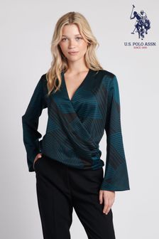 U.S. Polo Assn. Womens Green Abstract Stripe Satin Wrap Shirt (Q79634) | €34