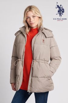 Brązowy damski płaszcz puchowy U.S. Polo Assn. z troczkami w talii (Q79635) | 425 zł