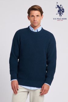 Niebieski sweter męski U.S. Polo Assn. o waflowej fakturze z okrągłym dekoltem (Q79641) | 440 zł