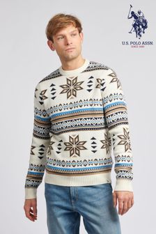 Kremowy męski sweter U.S. Polo Assn. z okrągłym dekoltem i wzorem szetlandzkim (Q79644) | 440 zł