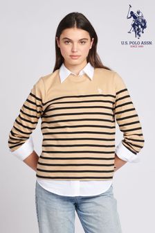 Brązowa koszulka damska z długim rękawem U.S. Polo Assn. w paski z kontrastowym wykończeniem (Q79651) | 125 zł