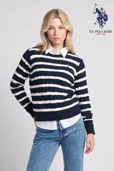 U.s. Polo Assn. Womens Blue Thin Stripe Cable Knit Jumper (Q79668) | €37