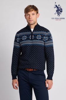 U.S. Polo Assn. Mens Blue Quarter Zip Fair Isle Sweatshirt