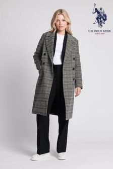 U.S. Polo Assn. Womens Check Double Breasted Crombie Grey Coat (Q79679) | €98