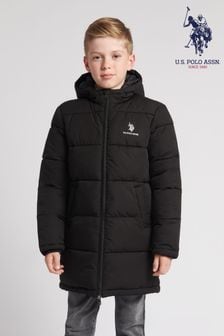 U.s. Polo Assn. Boys Black Large Baffle Longline Puffer Coat (Q79693) | DKK860 - DKK1.030