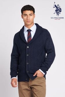 U.S. Polo Assn. Blue Mens Heavyweight Aran Knit Shawl Cardigan (Q79727) | $154