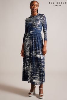 Ted Baker Iggiey 3/4 Length Sleeve Blue Dress With Ruffled Skirt (Q79882) | 134 €