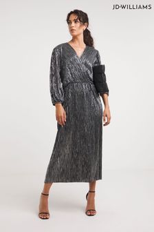 Srebrna metaliczna plisowana sukienka kopertowa mini Jd Williams (Q79907) | 285 zł