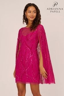 Adrianna Papell Pink Beaded Short Cape Sleeve Dress (Q79930) | $635