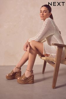 Tan Brown Forever Comfort® Raffia High Wedges (Q80366) | AED216