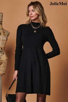 Jolie Moi Long Sleeve Fit & Flare Knit Black Dress