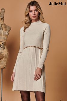Jolie Moi Long Sleeve Fit & Flare Knit Brown Dress