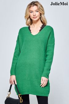 Jolie Moi Green V-Neck Ribbed Knit Tunic Jumper (Q80491) | AED360