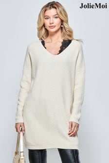 Kremna - Jolie Moi rebrast pleten tunika pulover z V-izrezom (Q80503) | €74