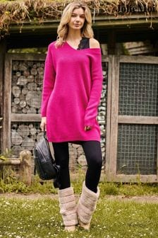 Jolie Moi Pink V-Neck Ribbed Knit Tunic Jumper (Q80541) | €74