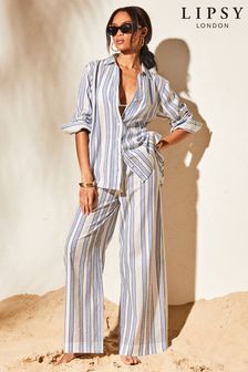 Lipsy Blue Lurex Stripe Long Sleeve Summer Beach Shirt (Q80582) | $69