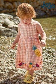 JoJo Maman Bébé Orange Pineapple Appliqué Gingham Summer Dress (Q80623) | SGD 48