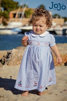 JoJo Maman Bébé Blue Sailboat Embroidered Smocked Dress (Q80637) | $70