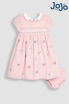 JoJo Maman Bébé Coral Pink Floral Embroidered Smocked Dress (Q80655) | $54