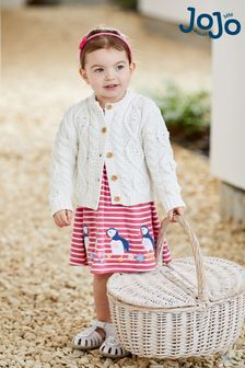 JoJo Maman Bébé Coral Pink Puffin Stripe Appliqué Button Front Jersey Dress (Q80663) | $51
