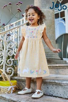 JoJo Maman Bébé Yellow Bunny Gingham Appliqué Pretty Summer Dress (Q80671) | $35