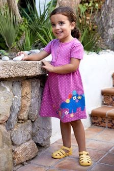 Розовый в горошек с динозавром - Трикотажное платье в стиле бебе с аппликацией и пуговицами Jojo Maman (Q80673) | €39