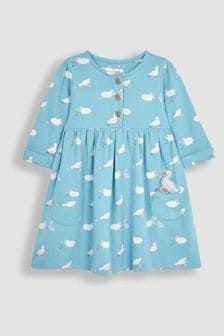 JoJo Maman Bébé Blue Duck & Friends Button Front Pet In Pocket Long Sleeve Jersey Dress (Q80696) | $51