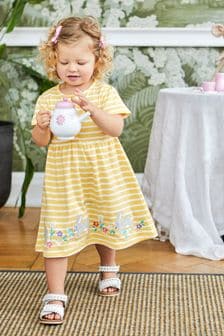 Желтый в полоску с кроликами - Трикотажное платье в стиле бебе с аппликацией и пуговицами Jojo Maman (Q80700) | €39
