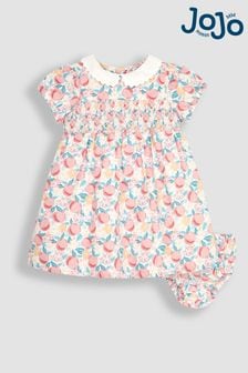 JoJo Maman Bébé White Pretty Peach Smocked Baby Dress (Q80711) | 146 QAR