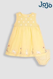 JoJo Maman Bébé Yellow Bunny Floral Embroidered Smocked Baby Dress (Q80723) | SGD 52