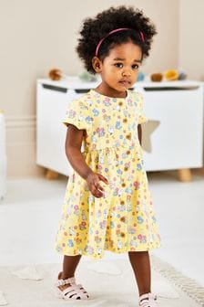 JoJo Maman Bébé Yellow Bunny & Duck Button Through Pet In Pocket Jersey Dress (Q80728) | $39