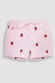 JoJo Maman Bébé Pink Strawberry Embroidered Seersucker Pretty Shorts (Q80744) | $35
