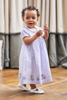 JoJo Maman Bébé Lilac Purple Mouse Embroidered Smocked Dress (Q80767) | SGD 57